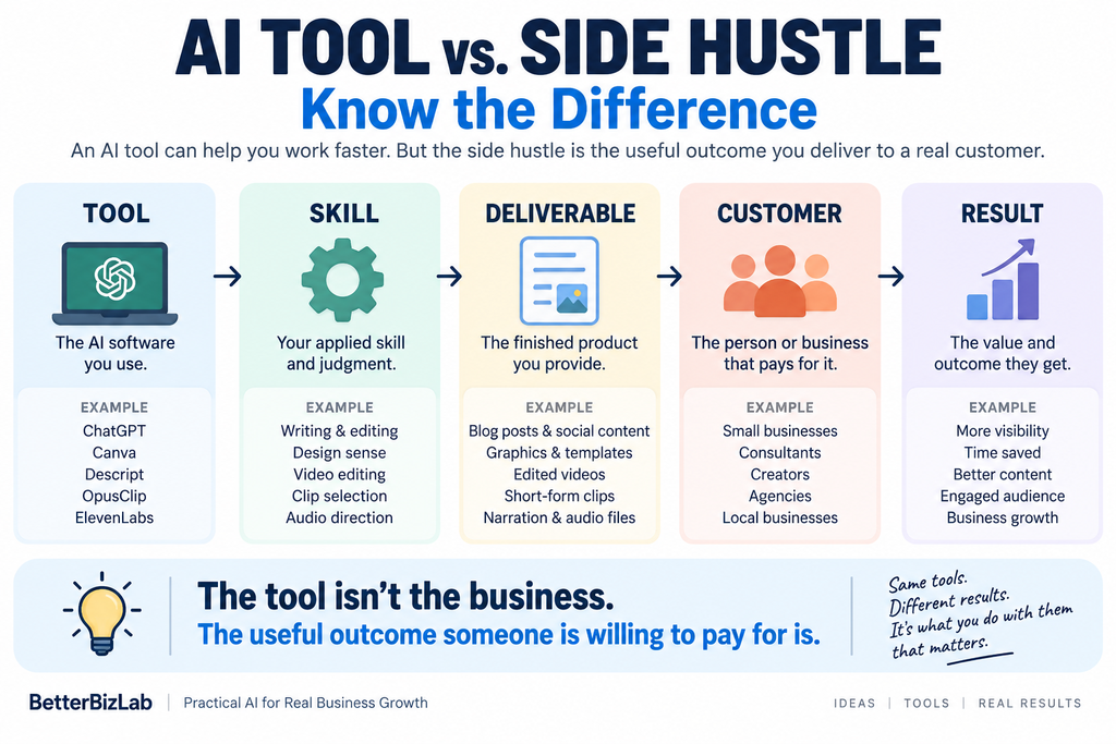 AI side hustle framework showing tool, skill, deliverable, customer, and result
