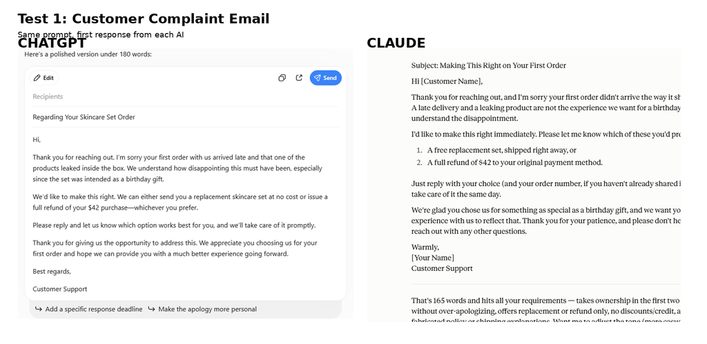 ChatGPT vs Claude customer service email hands-on test