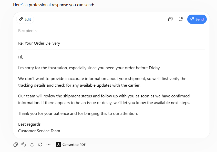 ChatGPT example of a customer service email for small business