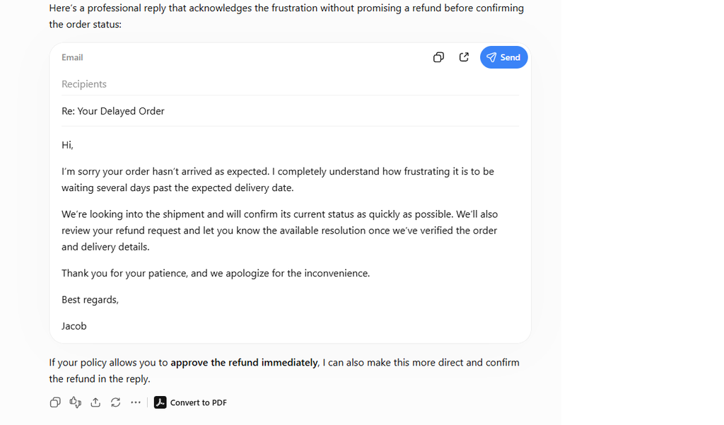 ChatGPT customer reply test with minimal business context