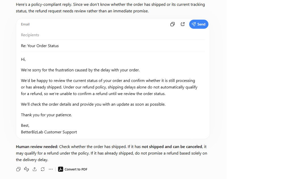 ChatGPT customer reply using small business policies and human review