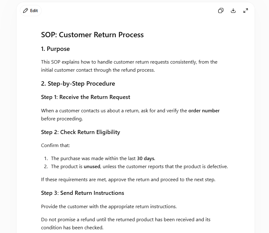 ChatGPT example turning rough business notes into a customer return SOP