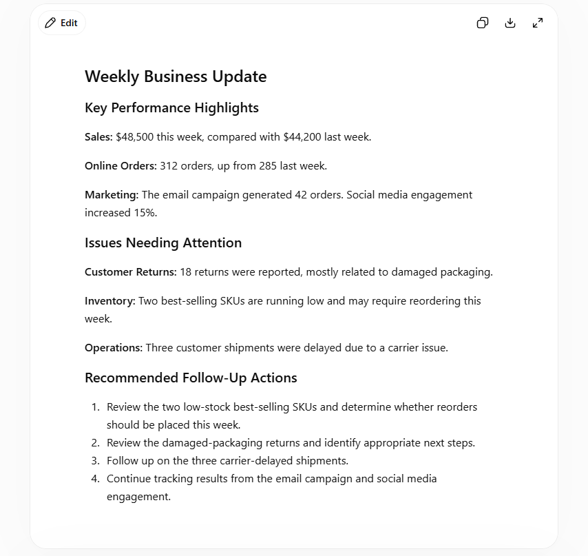 ChatGPT example turning weekly business data into a management report