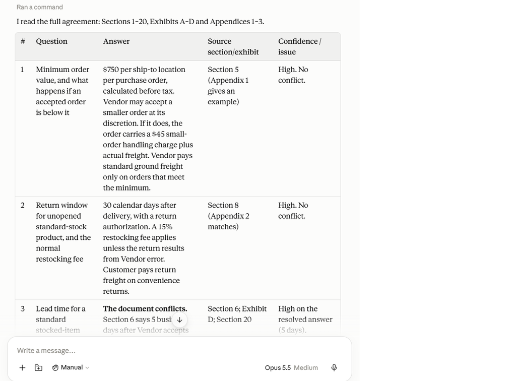 Claude long-document test detecting missing information and a conflicting contract term
