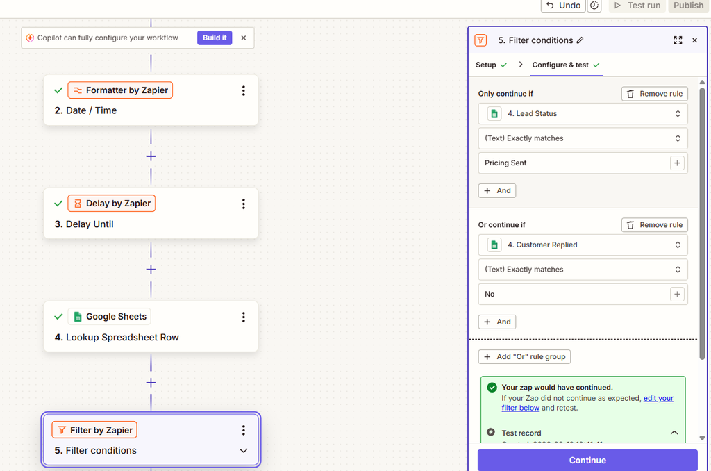 Zapier customer follow-up automation filter test for a small business
