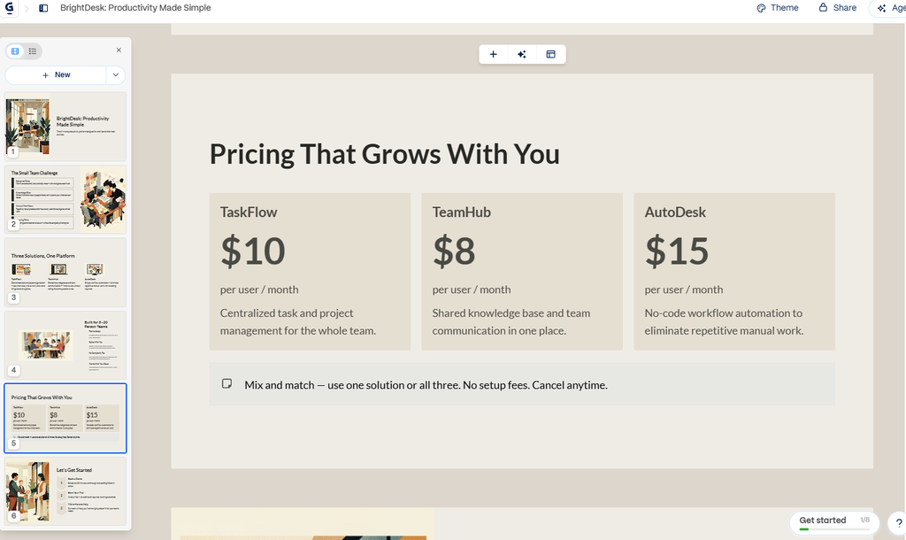 Gamma AI pricing slide with supplied prices and AI-generated commercial terms