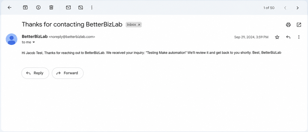 Test email sent through Make automation showing the customer inquiry auto-reply in Gmail