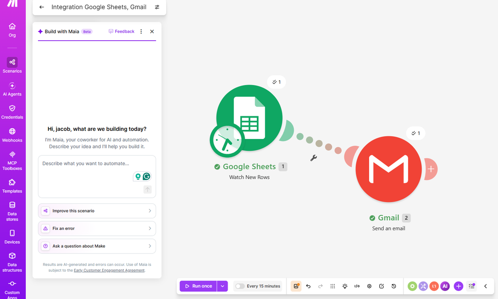 Make scenario connecting Google Sheets Watch New Rows to Gmail Send an Email
