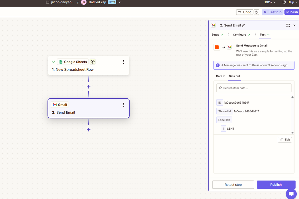Zapier Google Sheets to Gmail automation successfully sending a test email