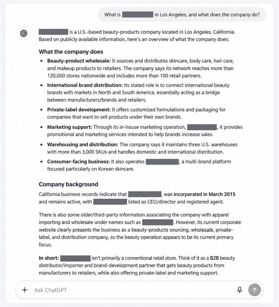 Anonymized ChatGPT test showing accurate recognition of a real U.S. small business