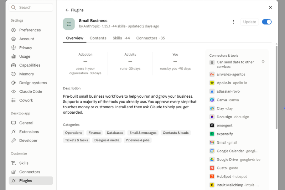 Claude Small Business plugin showing 44 skills and business connectors
