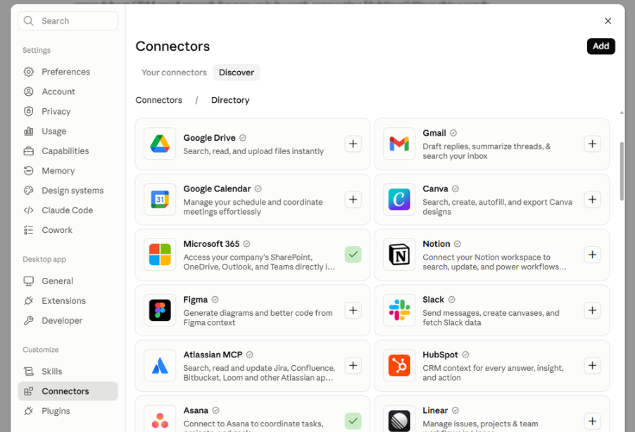 Claude connectors showing Asana and Microsoft 365 connected for small business workflows