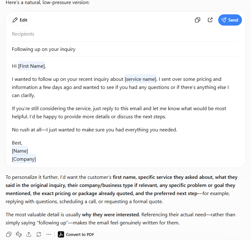 Basic AI customer follow-up email test with limited customer context