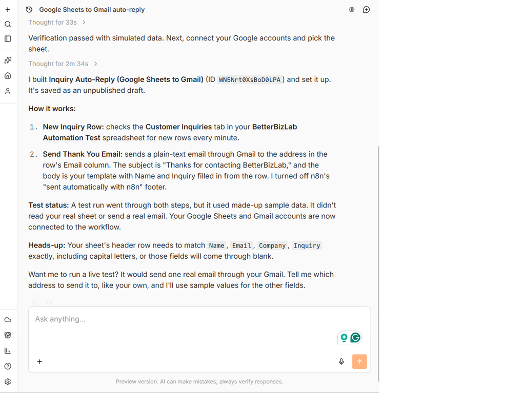 n8n AI workflow builder creating a Google Sheets to Gmail customer inquiry automation