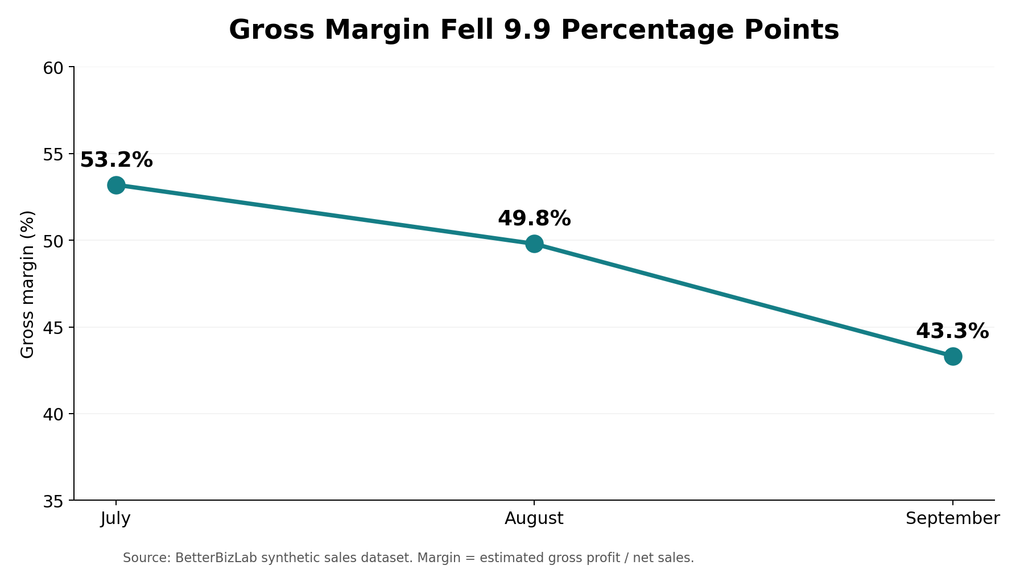 Gross margin falling from 53.2 percent to 43.3 percent in a synthetic small business sales dataset