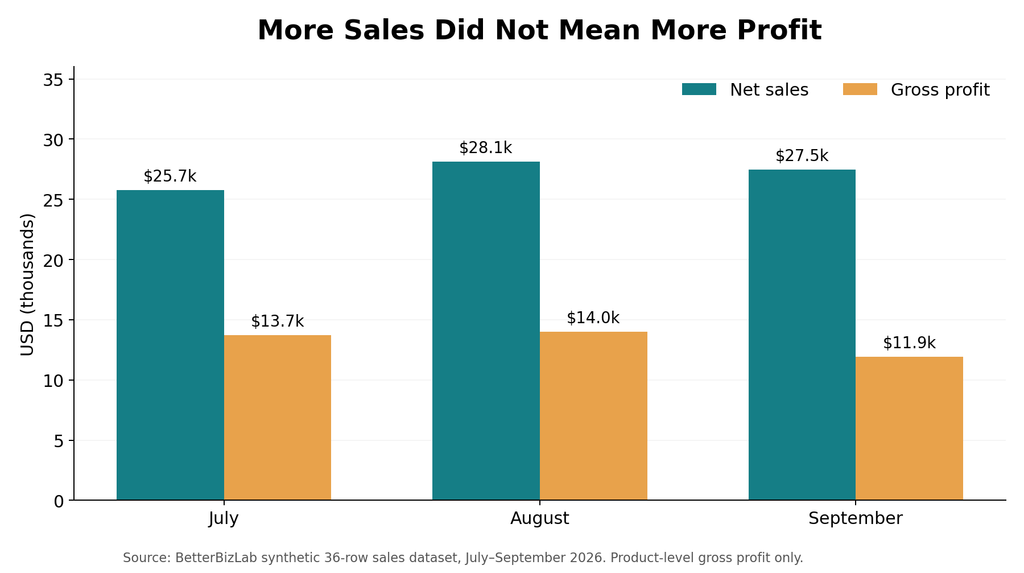 Monthly net sales and gross profit from BetterBizLab AI sales data test