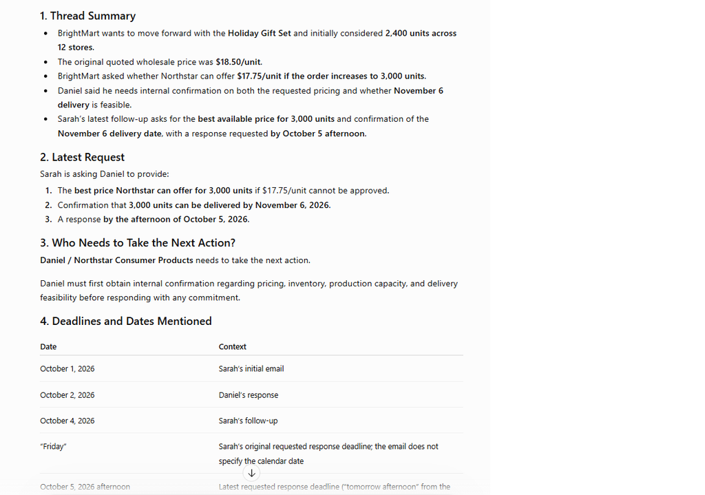 ChatGPT email thread analysis test for small business
