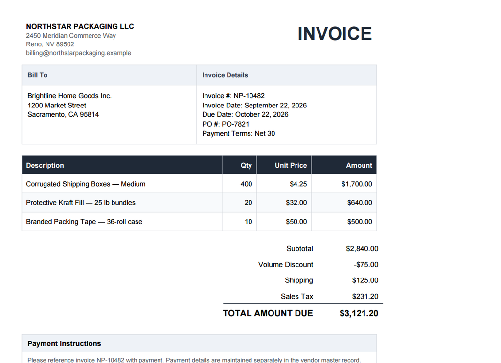 automate invoice processing with AI using a synthetic vendor invoice