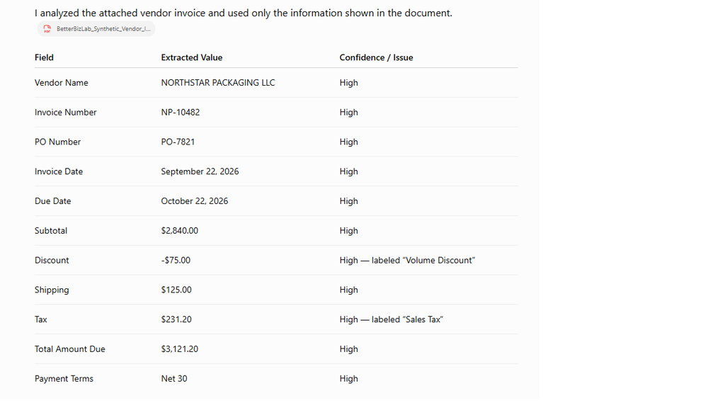 ChatGPT extracting and validating fields from a vendor invoice