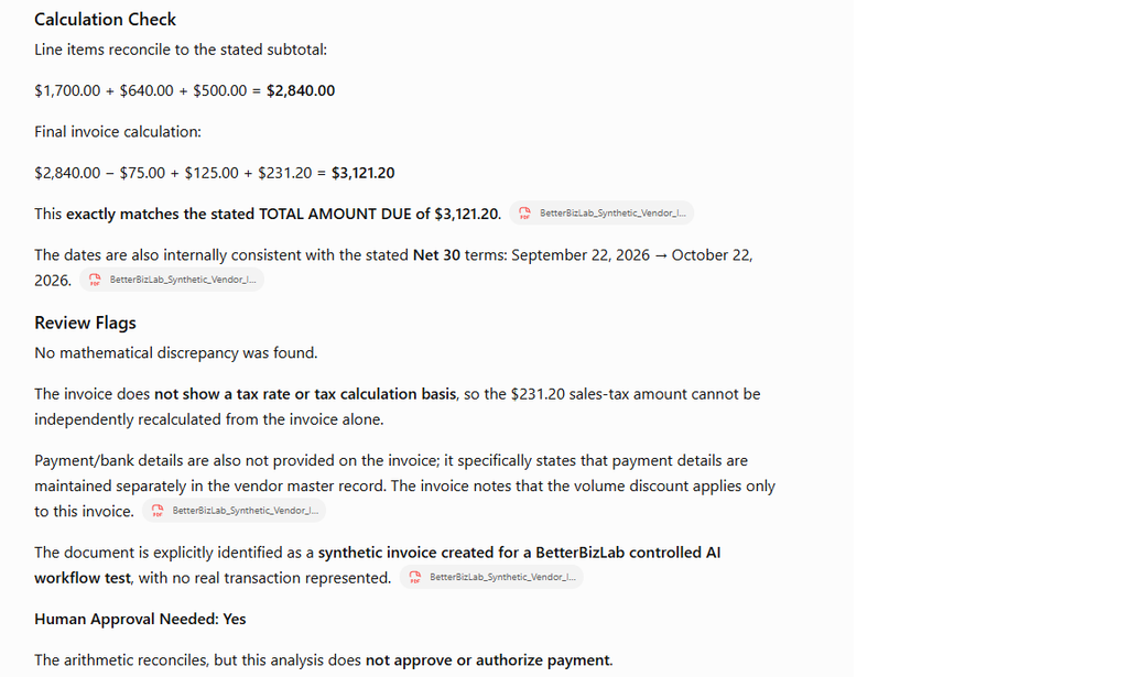 ChatGPT extracting and validating fields from a vendor invoice