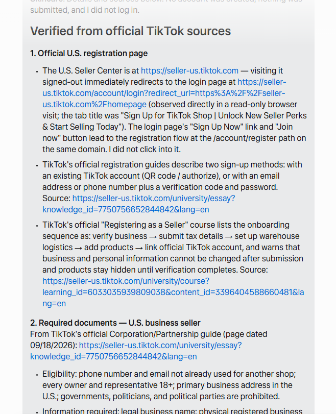 Meta Muse research showing official TikTok Shop seller requirements, referral fees, and onboarding checklist