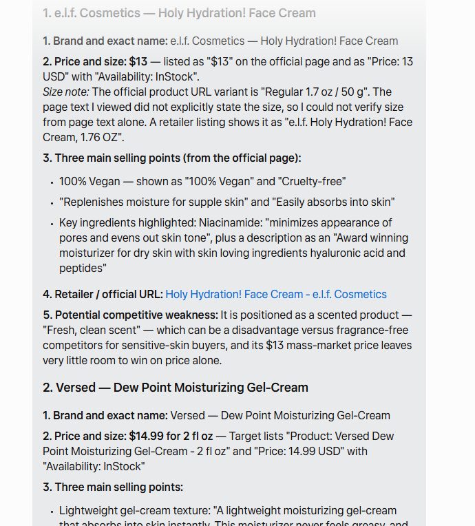 Meta Muse competitor research comparing vegan facial moisturizers from elf, Versed, and The Ordinary