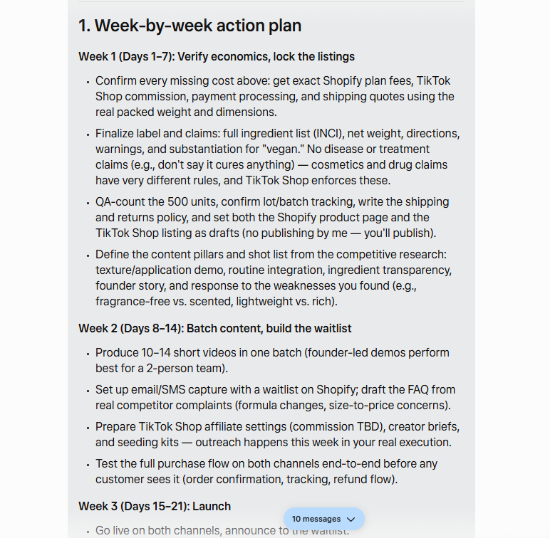 Meta Muse 30-day skincare launch plan with marketing budget, weekly tasks, and break-even calculations